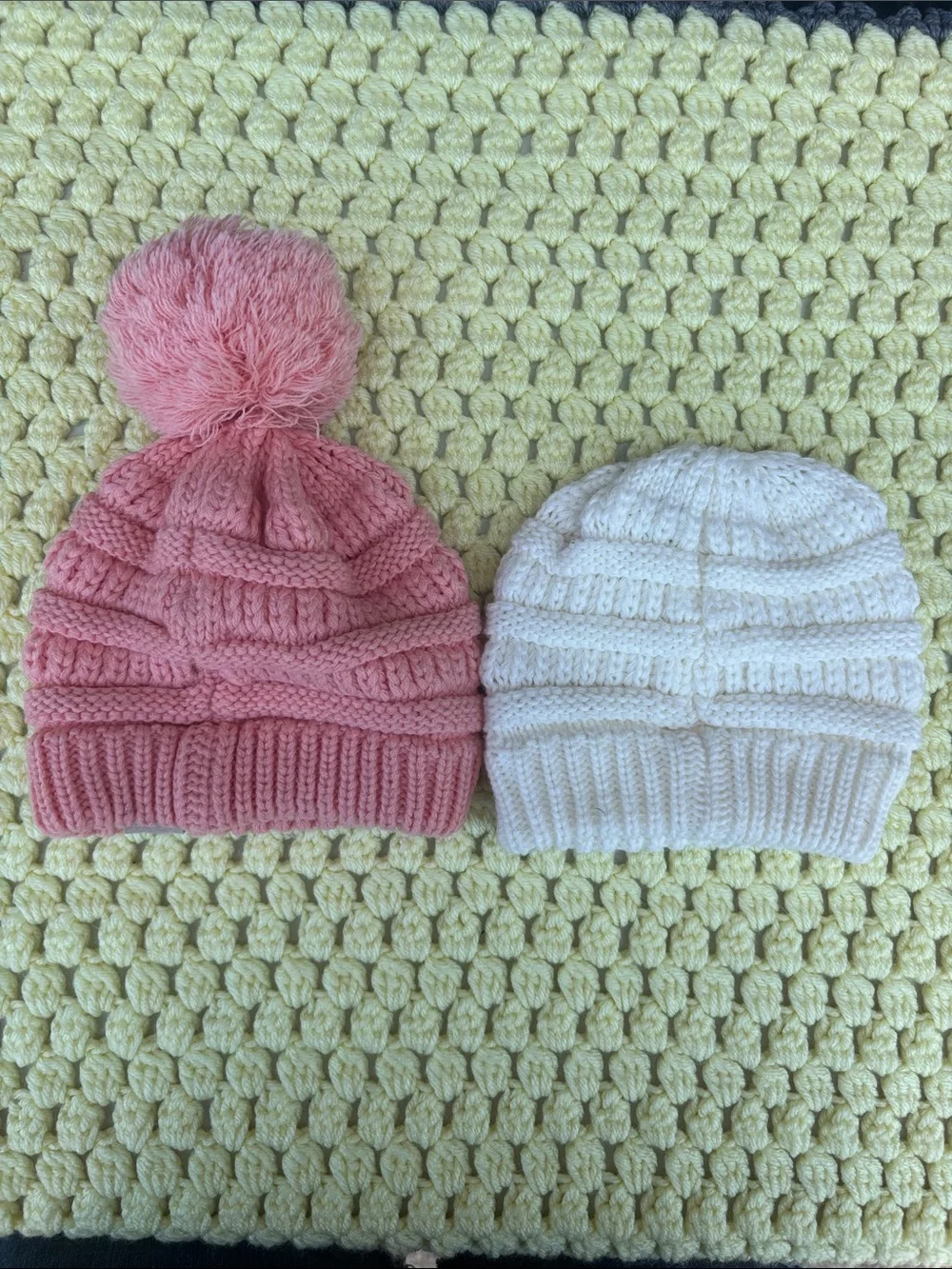 C.C Kids Knit Pom Beanie Pair - Pink & White